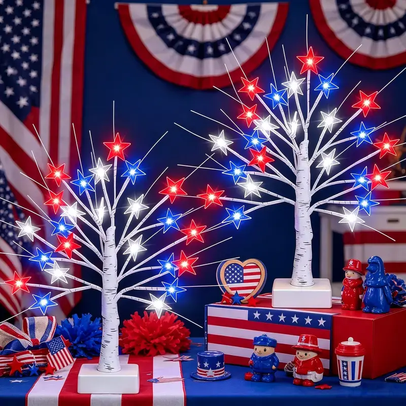 1/2 pcs July 4 Independence Day tree lights, equipped with red, white, blue star decorative lights, 8 flashing modes, USB and AA batteries are all powered, easy to carry, suitable for party atmosphere decoration