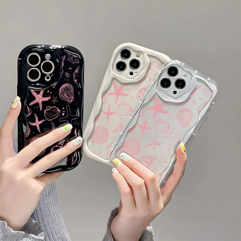 Customized Minimalist Nautical Protective Rubber Phone Case for iPhone 17/16/15/14/13/12/11 Pro Max, Shockproof Soft TPU Casing, Seashell Stars Design, Coastal Pink Curly Cover, Cute Electronic Smartphone Accessories, Cellphone