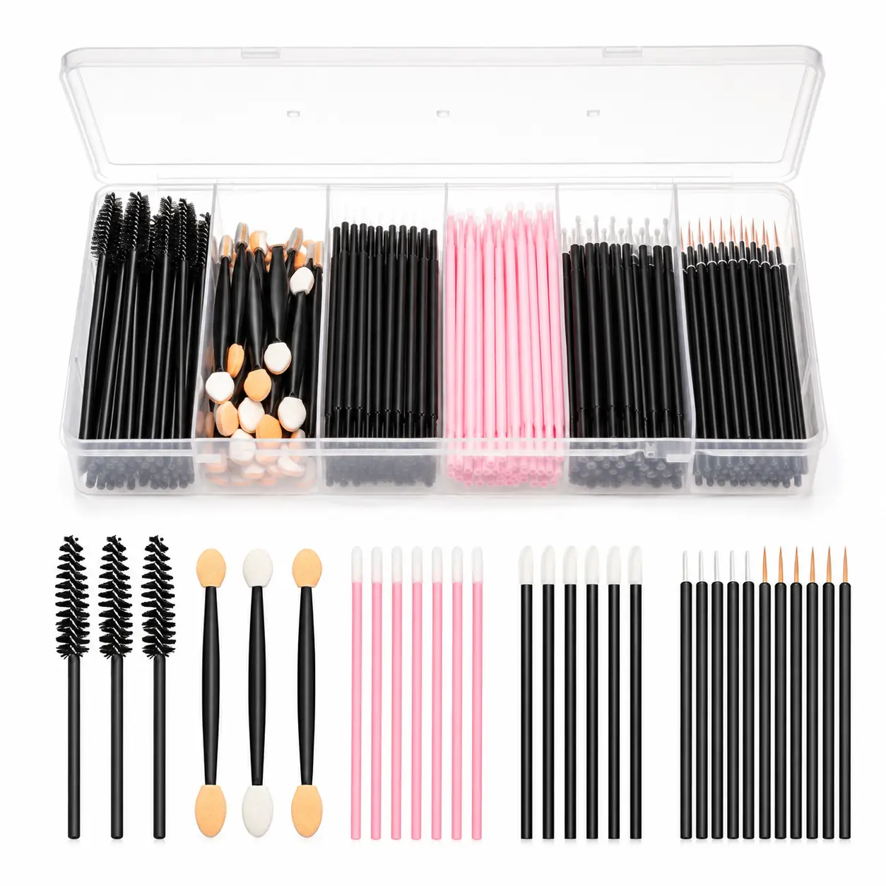 300 Disposable Makeup Applicators Set with Storage Box, Mascara Wands, Lip Brushes, Eyeliner Brushes & Eyeshadow Applicators for Makeup