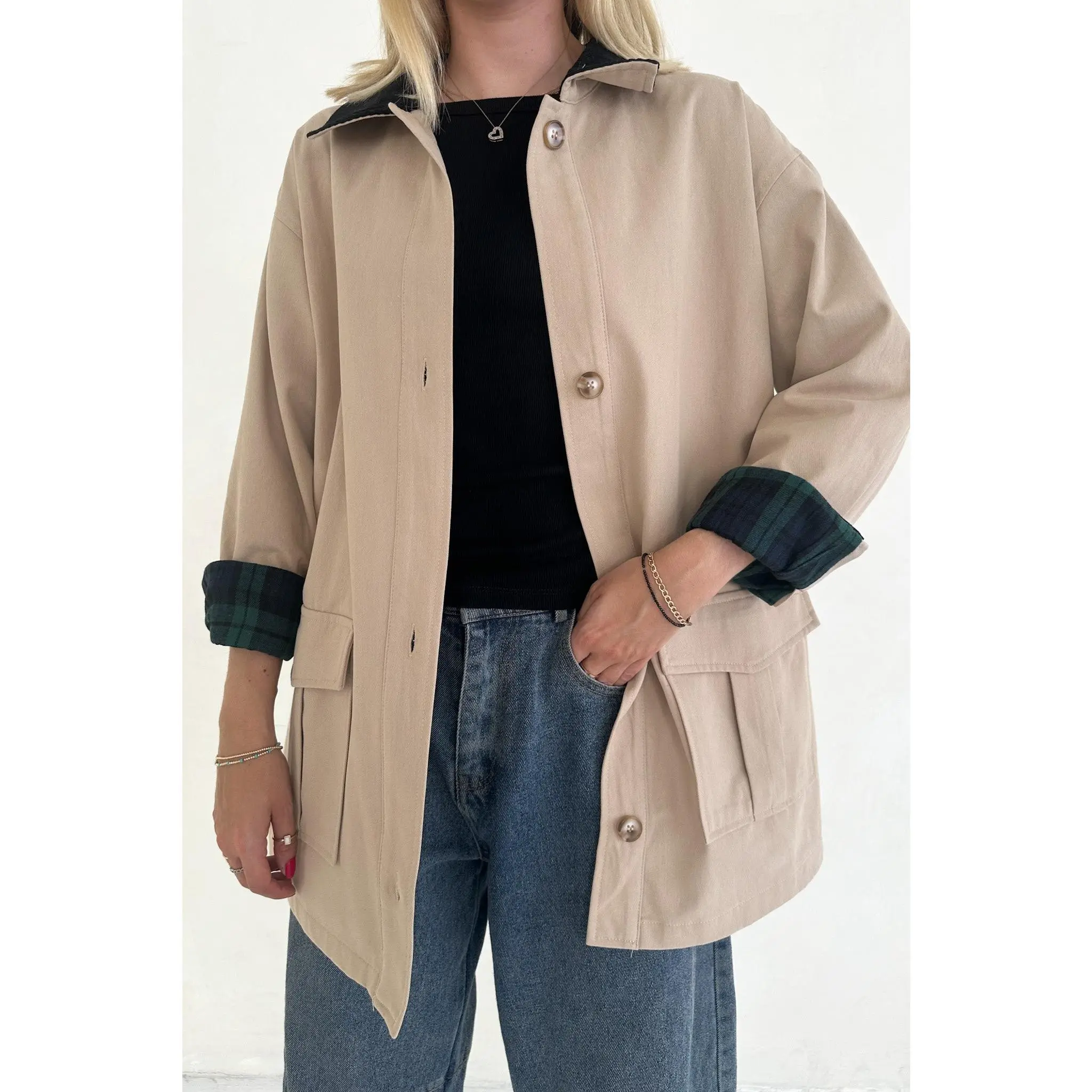 Ralfie Corduroy Collar Oversized Plaid Button Up Coat
