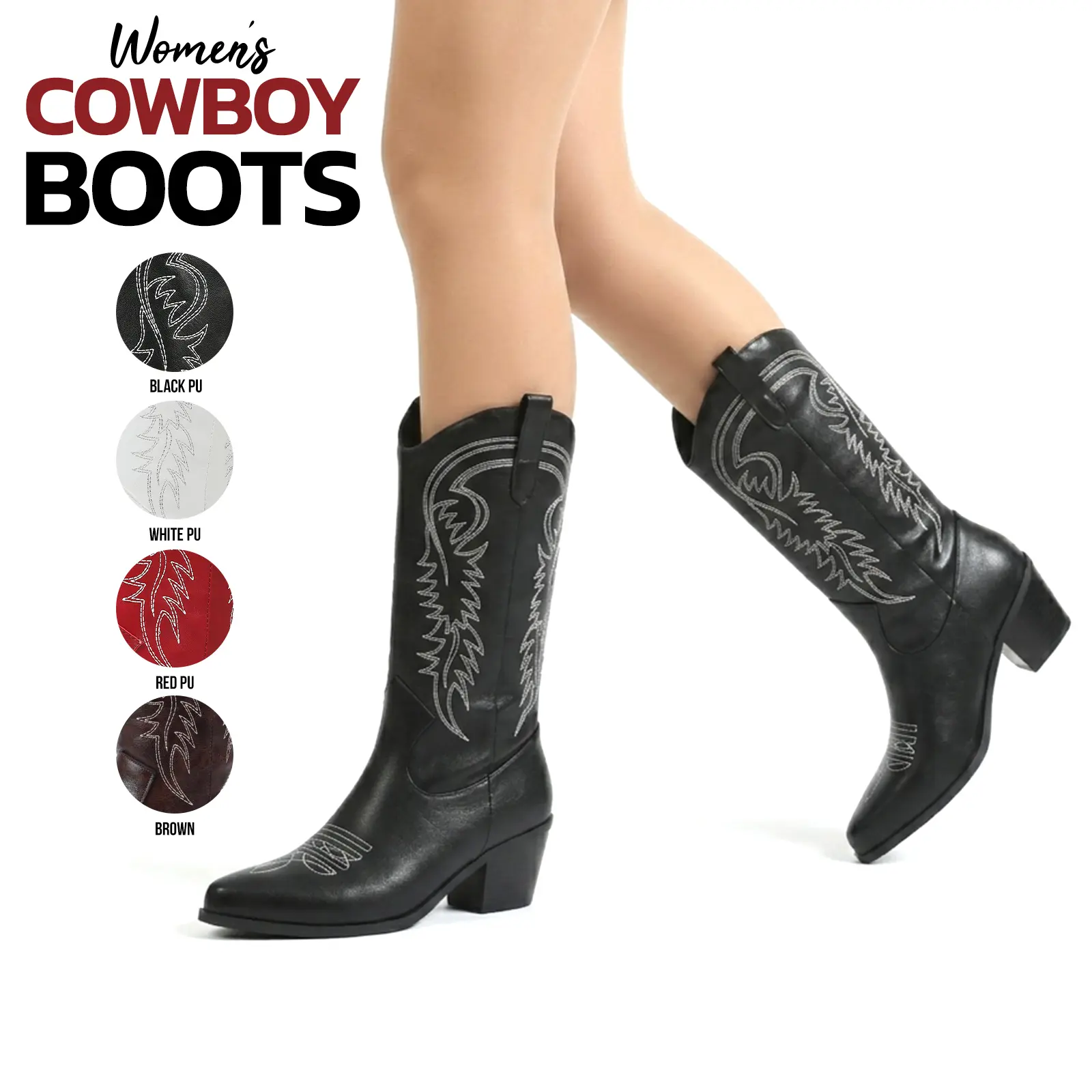 Women Cowboy Boots Mid Calf Pointed Toe Chunky Block Heel Embroidered Pull On Classic Vintage Rodeo Western Fashion Country Wedding Festival Concert Horse Riding Outdoor Vacation Casual Summer Modern Cowgirl Boots Summerwins