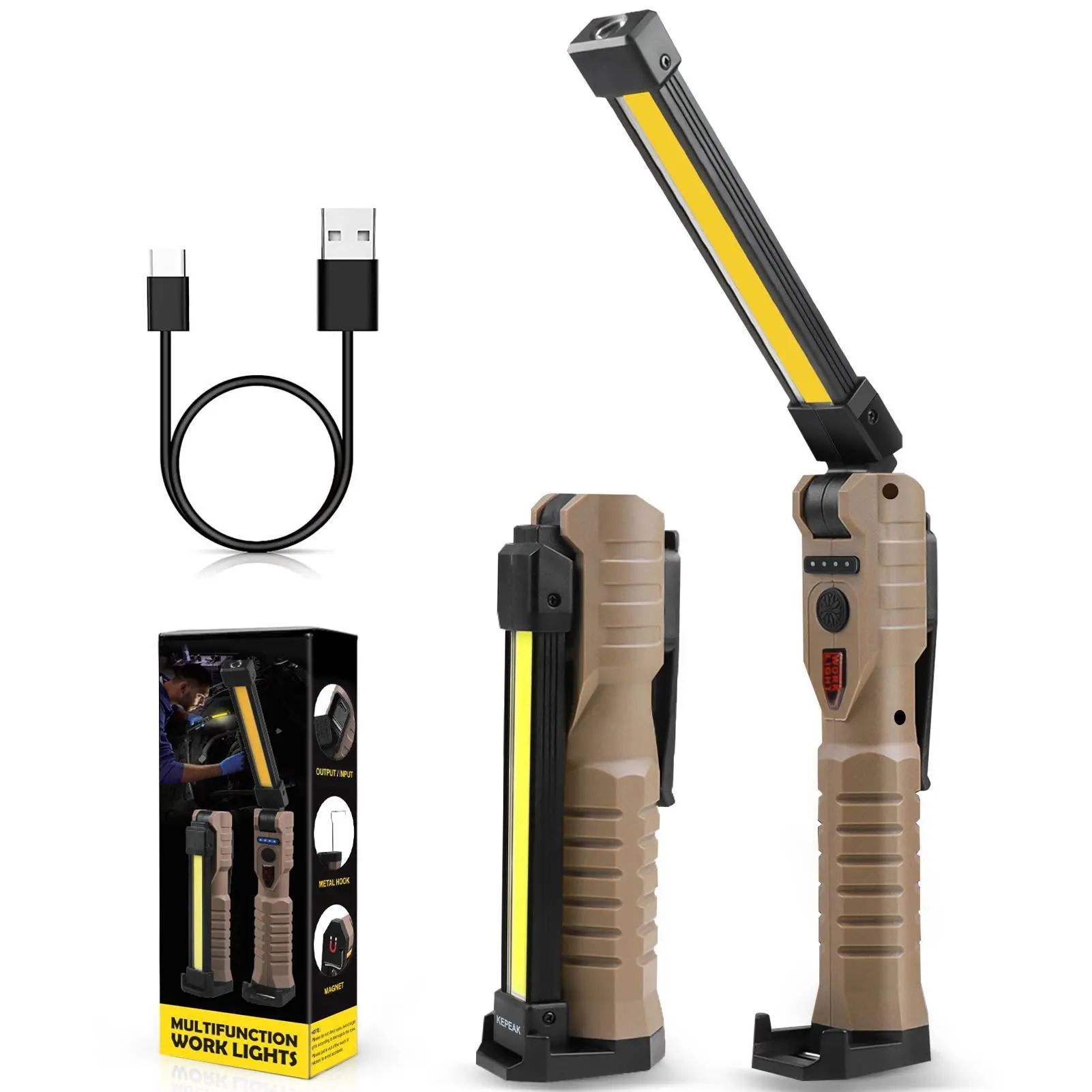 【BackToSchool】 Super Bright High Lumen Rechargeable LED Flashlight - High Power Cordless Work Light, Magnetic Adjustable Torch, Multi-Angle 180°-Rotatable Tactical Light with Hanging Hook, 5 Modes, Khaki for Mechanics, Super Bright Flashlight