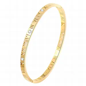 Kelly Roman Numeral Bracelet Bangle, 18K Gold Plated Steel Fashion Trendy Tarnish Free Waterproof Hypoallergenic