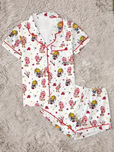 Women's Labyrinth Printed Pajama Sleepwear Set, Comfortable Two-Piece, Short Sleeve Button-Up Top and Elastic Shorts, Casual Home Wear