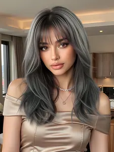 18 Inch Fashionable & Ash Blonde Long Curly Wigs for Women, Gorgeous Fluffy Wigs with Curtain Bangs, Curly Hair Wigs, Synthetic Full Machine Wigs for Party, Daily Use, Deep Wavy Wigs