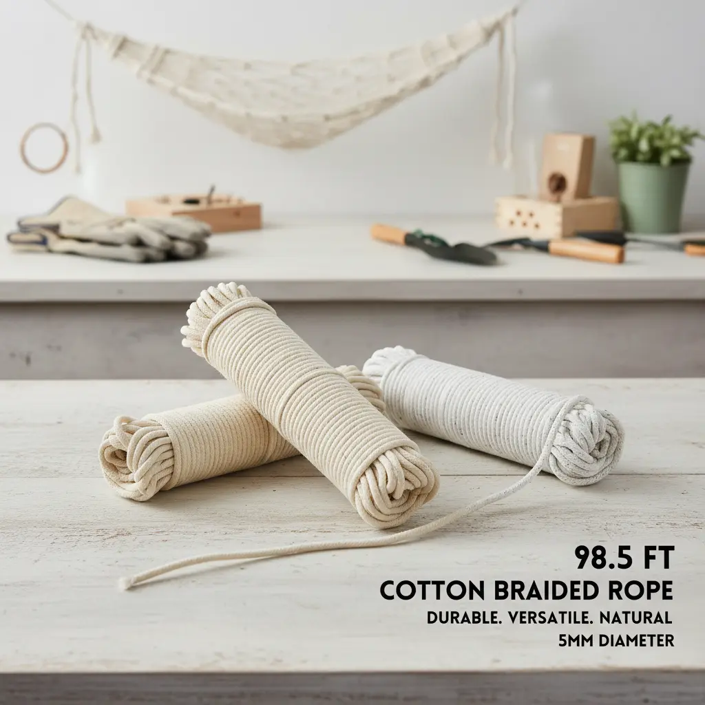 98.5 FT Natural Cotton Braided Rope, 5MM Thick Cord for Plant Hanging, Clothesline, Macrame Crafts and Home Decor
