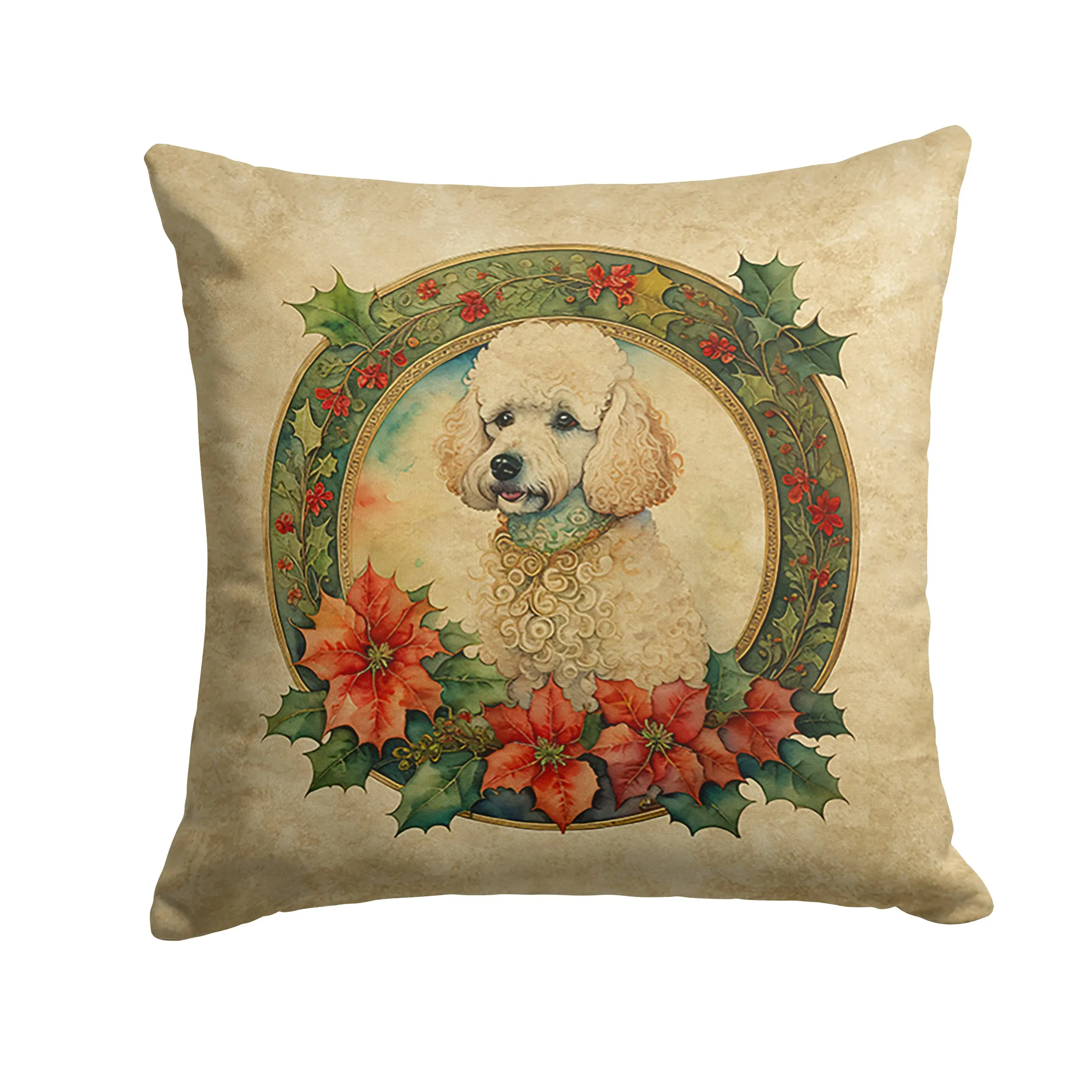 Handcrafted Poodle Christmas Flower Decorative Throw Pillow, 14x14in Polyester Water-Resistant Durable Indoor Outdoor Accent Cushion with Fabric Cover & Insert for Sofa, Bed