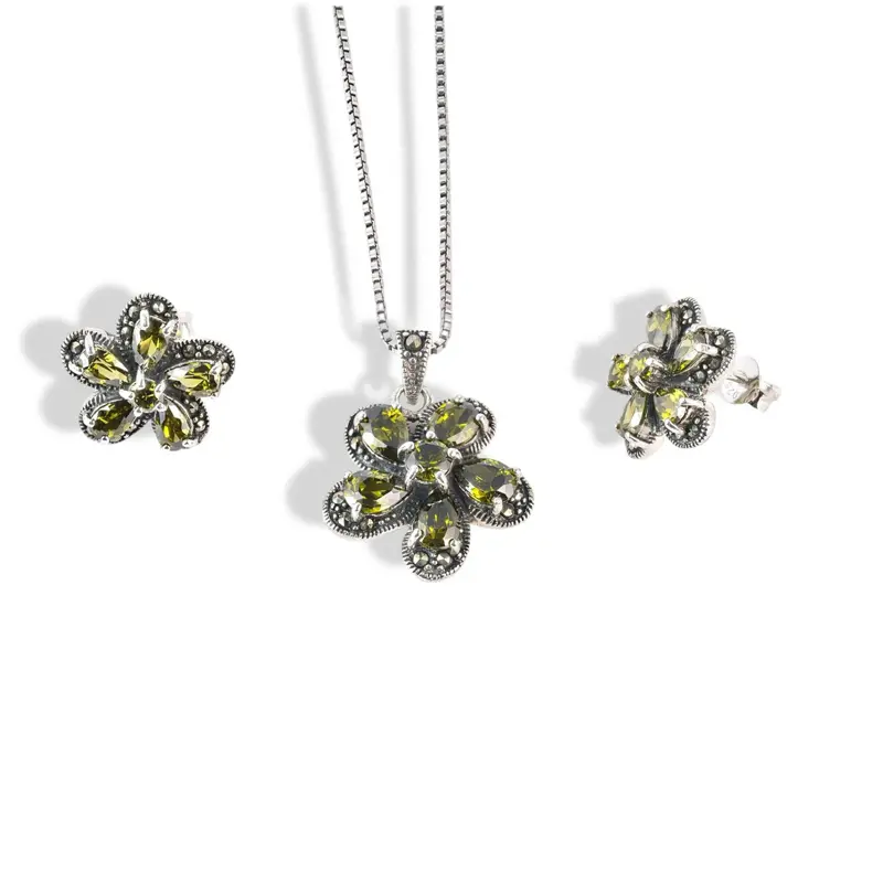 Vintage Marcasite Flower Jewelry Set in 925 Sterling Silver, Necklace and Earrings for Women, 16-24 Inch Box Chain, Anniversary Birthday Gift, 16 Inch, Female, Casual, Classic