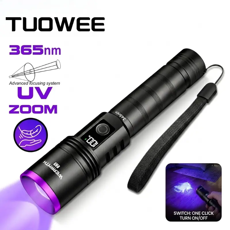 TUOWEE 365nm UV Flashlight with Black Filter Lens, USB-C Rechargeable Ultraviolet Flashlight, LCD Display Pet Urine Detector for Scorpion Hunting, Currency Authentication, Jewelry Inspection, Hotel Stain Detection