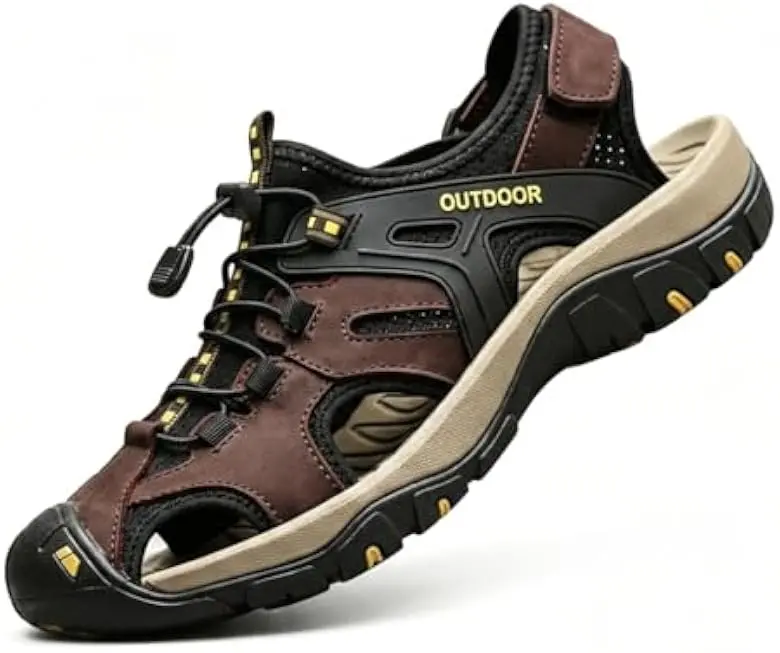 Men's Hiking Sandals Closed Toe Leather Sandals Walking Sport Sandals