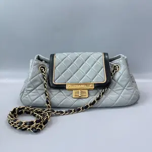 Pre-owned Chanel Quilted Chain Crossbody Bag Light Grey Black Trim Gold PD6743 26.05.21