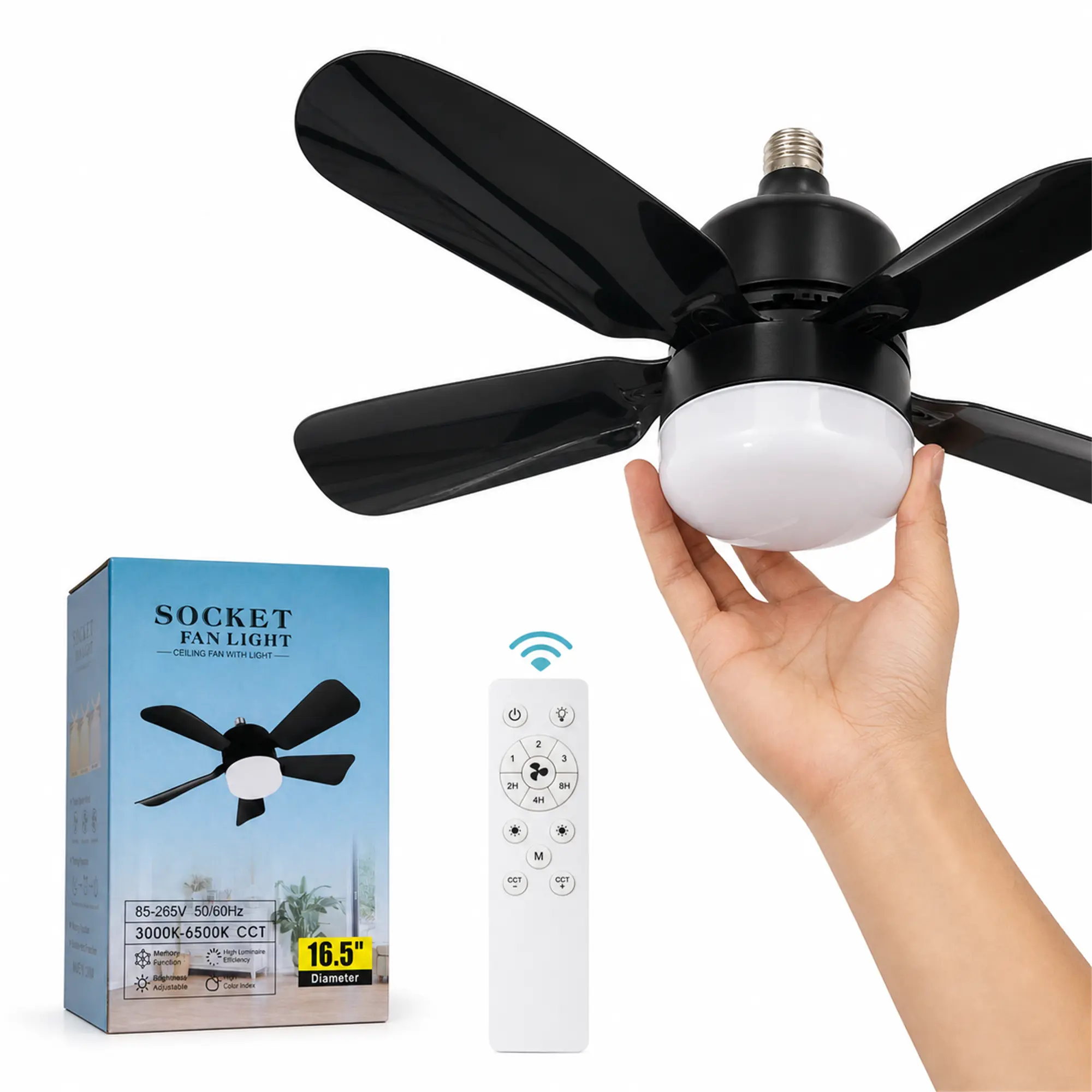 16.5" Low Profile Socket Fan Light, 2-in-1 Ceiling Fan & LED Light with Remote, Adjustable Brightness, Easy E26/E27 Install for Small Spaces