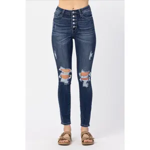 Judy Blue Button Fly Destroyed Skinny Jeans