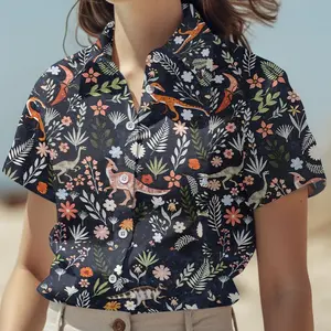 Dinosaur floral button-up shirt, tropical animal Hawaiian shirt, unisex casual summer outfit, a perfect unisex vacation shirt for beach holidays for both men and women.