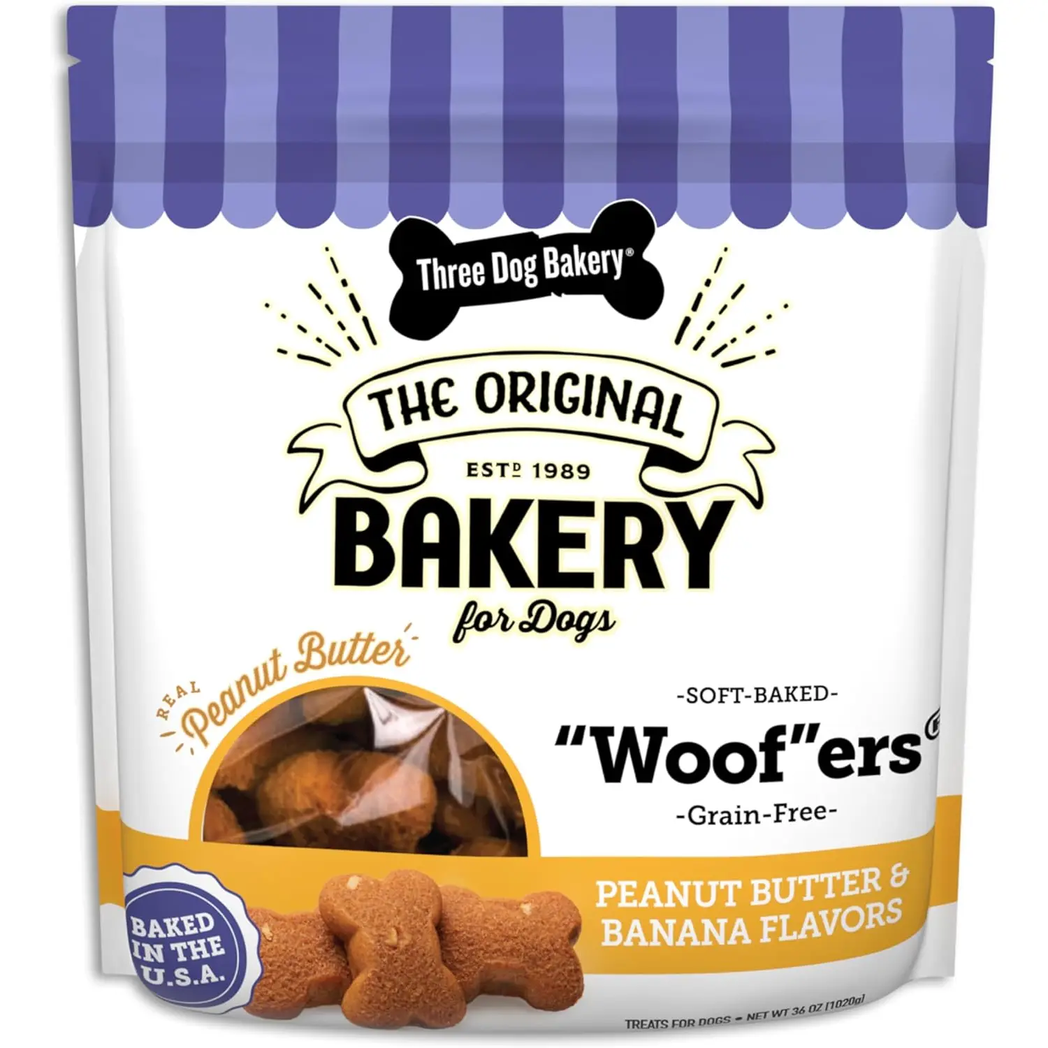 Three Dog Bakery Grain-Free “Woof”ers, Peanut Butter & Banana Flavor – Grain-Free Dog Treat, Cookies for Dog Training Treats, Puppy Treats with Real Ingredients
