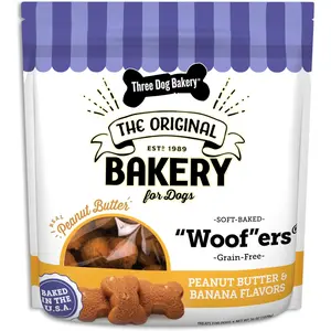 Three Dog Bakery Grain-Free “Woof”ers, Peanut Butter & Banana Flavor – Grain-Free Dog Treat, Cookies for Dog Training Treats, Puppy Treats with Real Ingredients