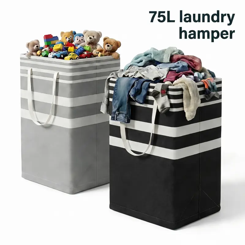 75L Freestanding Foldable Laundry Hamper with Reinforced Easy-Carry Handles, Waterproof Collapsible Large Storage Basket Organizer for Home Dorm Bathroom Towels (2-Pack/4-Pack)