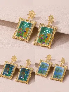 French Vintage Art Earrings, Monet Sunflowers Garden Painting Ear Studs, Unique High-End Luxury Dangle Earrings, Elegant Fashion Jewelry