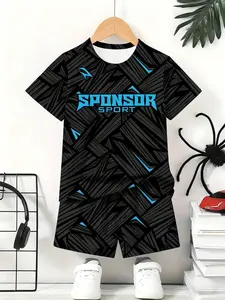 2026 Summer Kids Blue Geometric Stripe Sponsor Sport Print Short Sleeve Shorts Set, Casual Fitted Two-Piece Sports Suit