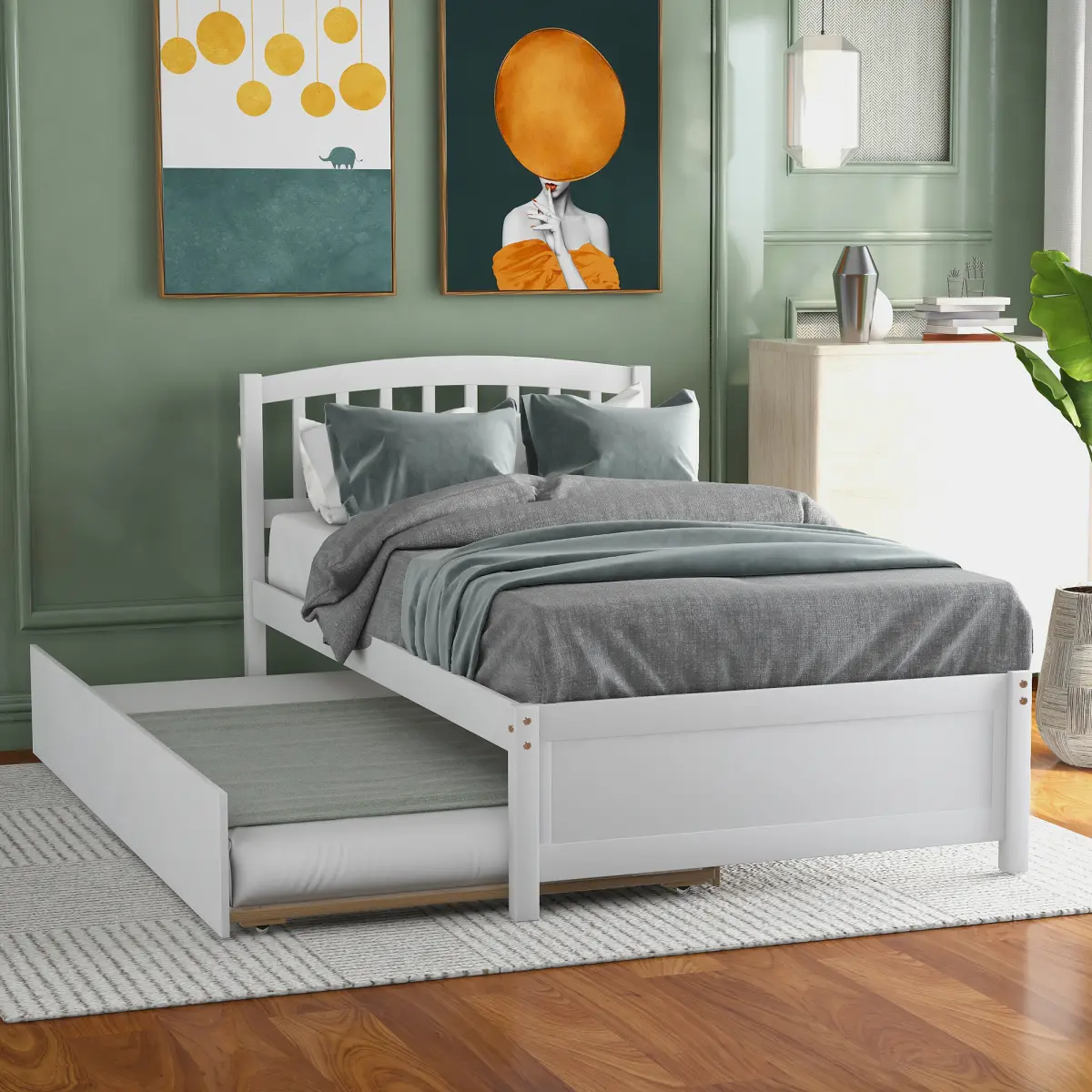 Twin Size Plywood Platform Bed Frame with Trundle, White Wood Indoor Furniture, Twin Bed Frame, Plywood Bed Frames