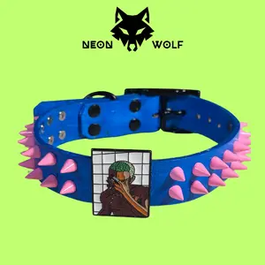 NEONWOLF Frank Ocean Electric Blue Collar – Emo Vibes with Pink Spikes, Frank Ocean Pendant & Black Buckle for Humans or Pets