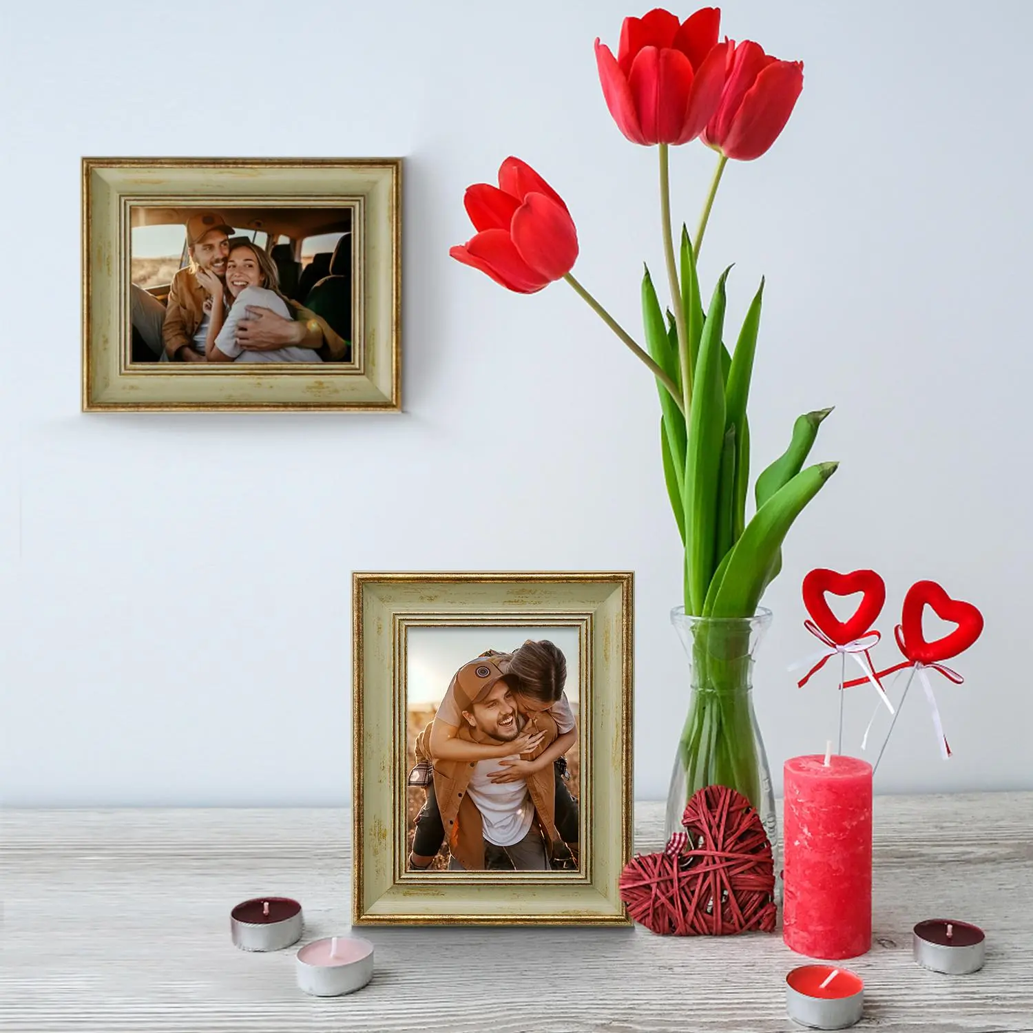 2PCS 4x6 in Farmhouse Glass Photo Frames - Lightweight Rustic Multi-Woodgrain Field Gray Home Decoration Pack with Easel Back, Valentine's Day Wall & Tabletop Frames
