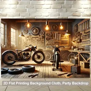1pc 2D Flat Polyester Banner - Rustic Vintage Motorcycle Repair Workshop Design with Tools, Tires, Birthday Festive Party Backdrop, Garage Wall Decor
