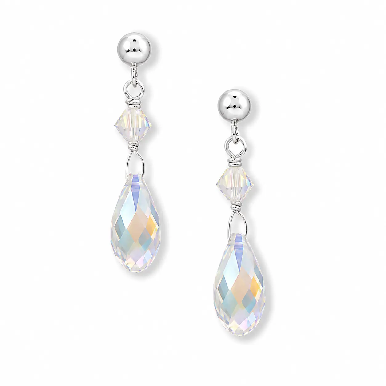 Swarovski AB Crystal Briolette Drop Ball Post Earrings 925 Sterling Silver 27mm