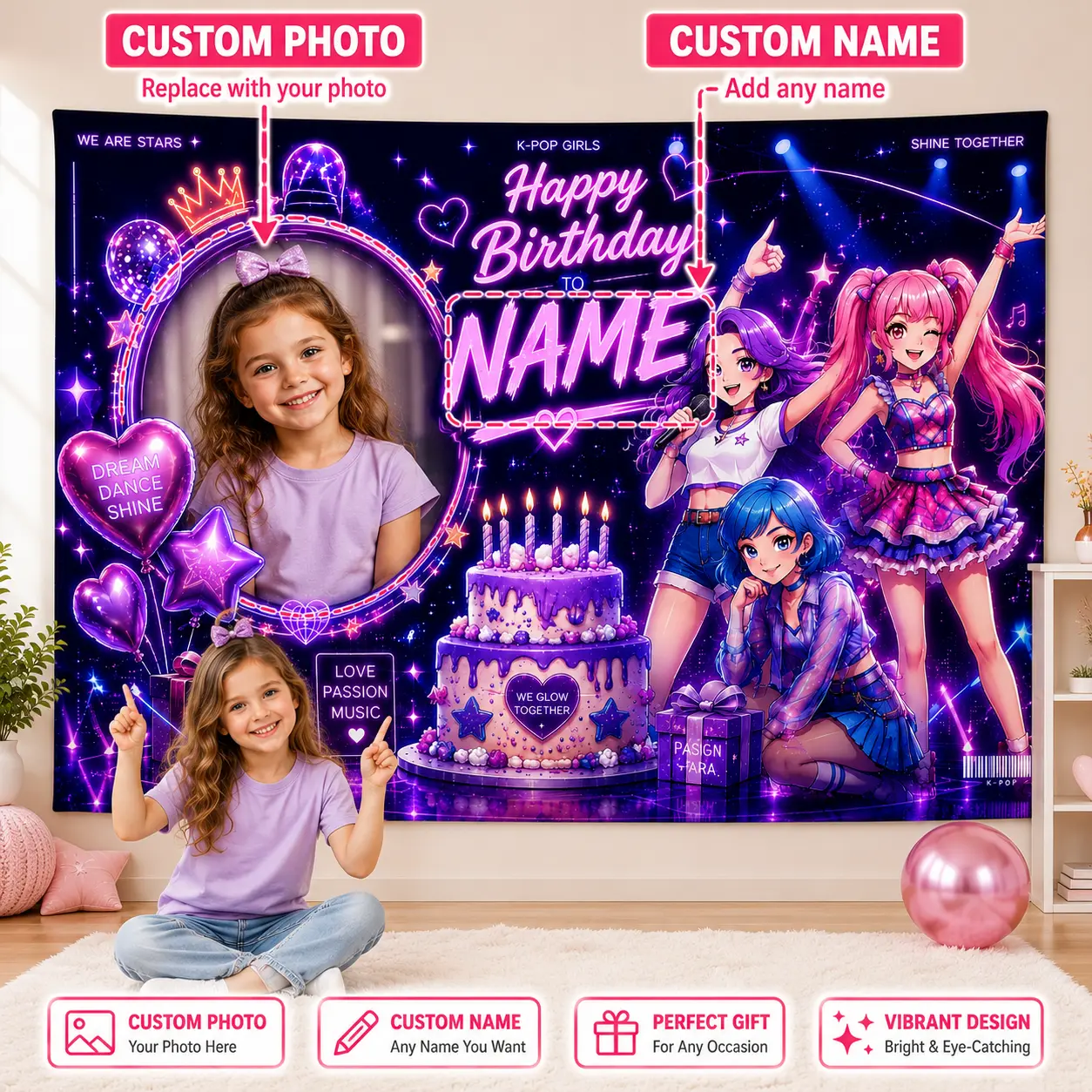 Custom Photo Name Birthday Backdrop, Purple Star Party Banne