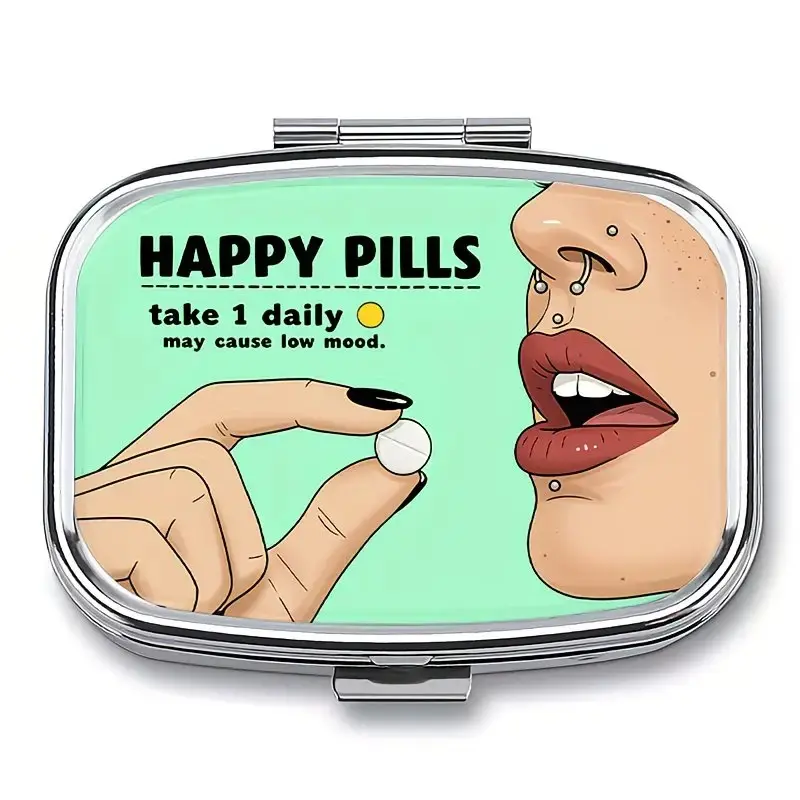Happy Pills Graphic Pill Case with Mirror, Retro Funny Design, Portable 2 Compartment, Vitamin Organizer, Supplement Organizer, Plastic Pill Organizer, Travel Medicine Storage Box
