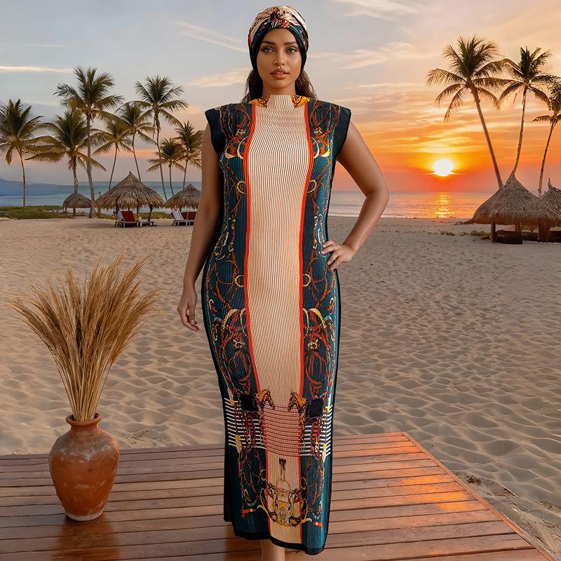 Women's Elegant Animal Print Long Dress Set, Slim-Fitting Muumuu Dress & Scarf, Beach Sun Protection Shawl, All Seasons Fashion