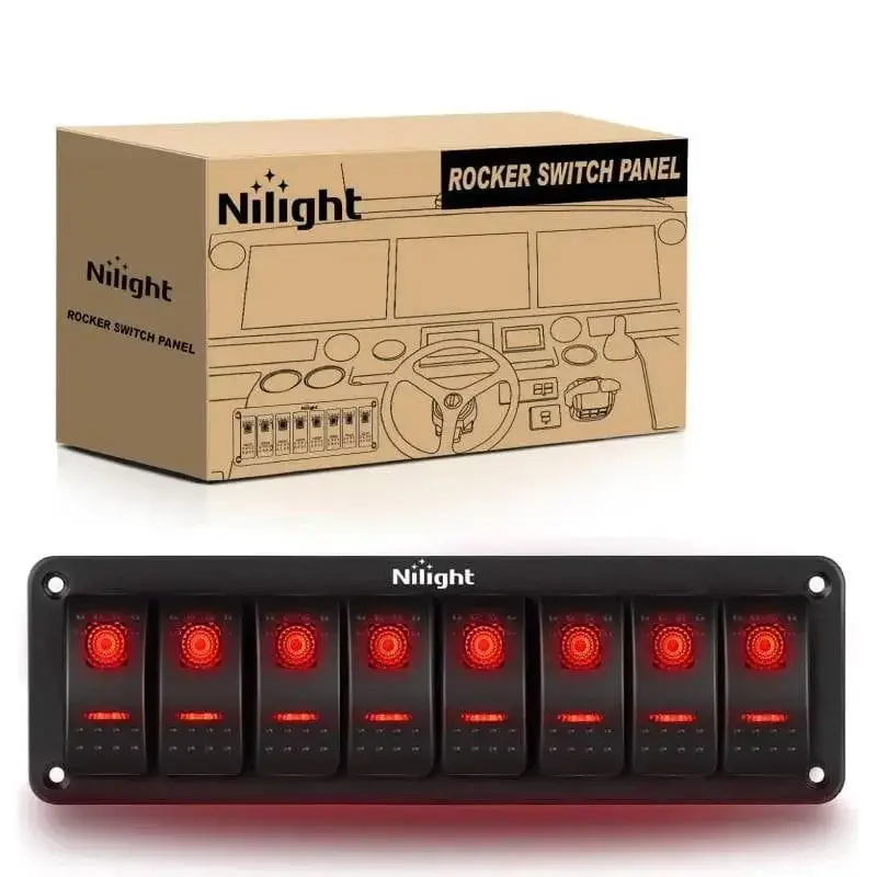 Nilight 8-Gang Aluminum 5-Pin Red Backlit Rocker Switch Panel - Pre-Wired Switchboard with Non-Smart Cord Switches, Single Pole for 12v-24vdc RV Vehicles Electrical Systems, 9in x 2.7in x 2.6in