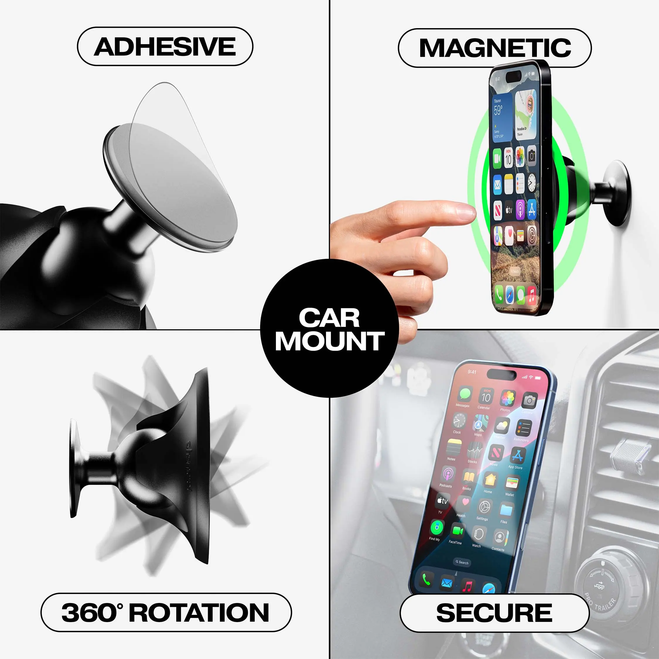 Snap Car Mount - Magnetic Aluminum Automotive Mount with High-Bond Adhesive & Auto-Alignment for Hassle-Free Car Use