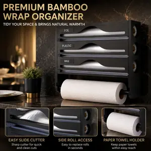 Nordic Style Bamboo Storage Rack, Wood Grain, 3-In-1 Design, Includes Cutter, Wall-Mountable, Modern Kitchen Organizer