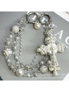 New pearl style three-layer high-end hanging chain cross pendant, exquisite handmade beaded phone chain to prevent phone from falling off the bag