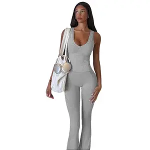 V Neck Sleeveless Tank & High-Rise Slim Flare Leggings Two Piece Sets for Women's 2025 Fall New Casual Outfit for Gym Comfort Fit Lounge Wear Solid Color Sports Matching Sets