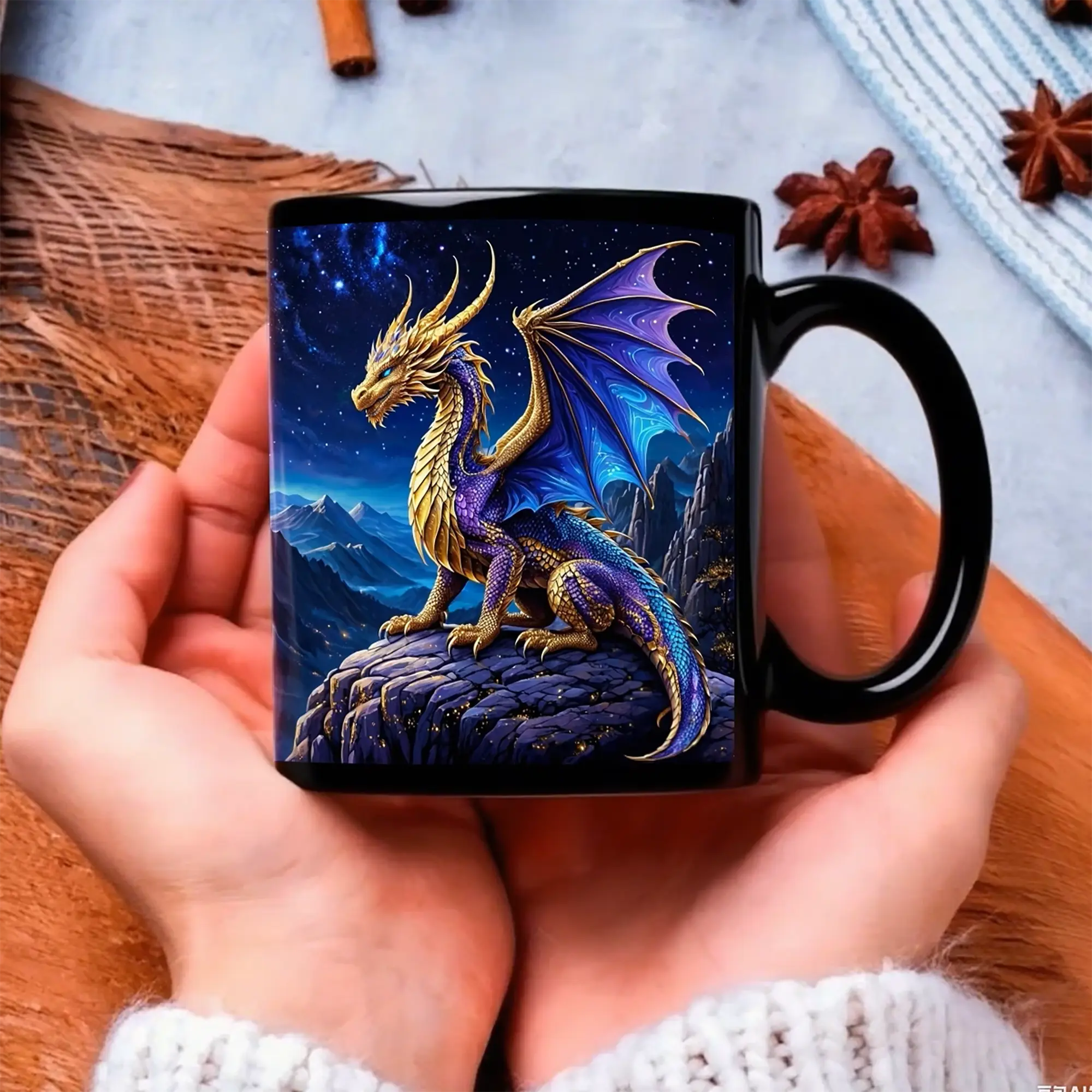 Cute Fantasy Dragon Coffee Mug, Mystical Black, Gift for Dragon Lovers, Fantasy Readers and Gamers, Birthday or Anniversary