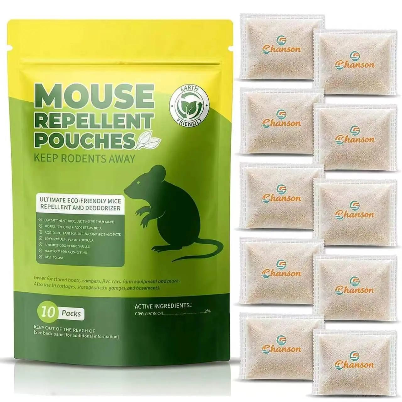 CHANSON Mouse Repellent Pouches, 10 Pack Natural Peppermint & Cinnamon Oil Rodent Repellent Sachets, Pet & Kid Safe Indoor Mouse Repellent for Home Kitchen Garage RV