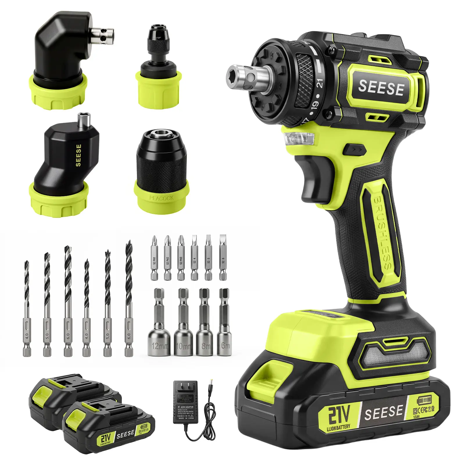 SEESE 21V Brushless Cordless Multi-Head Drill Driver Kit, 2 Batteries, 2-Speed Variable, 25-35N.m Torque Portable Power Drill Driver with 4 Interchangeable Heads for Home, DIY, Repair and Construction Use