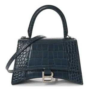 Pre-owned Balenciaga Leather Shoulder Bags Shiny Calfskin Crocodile Embossed Small Hourglass Top Handle Bag Dark Petrol Blue