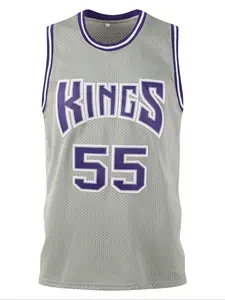 Men's 55 Grey Embroidered Vintage Basketball Jersey, Casual Short Sleeve Vest, Fitted Long Clothing, Letter Pattern, H Type Silhouette