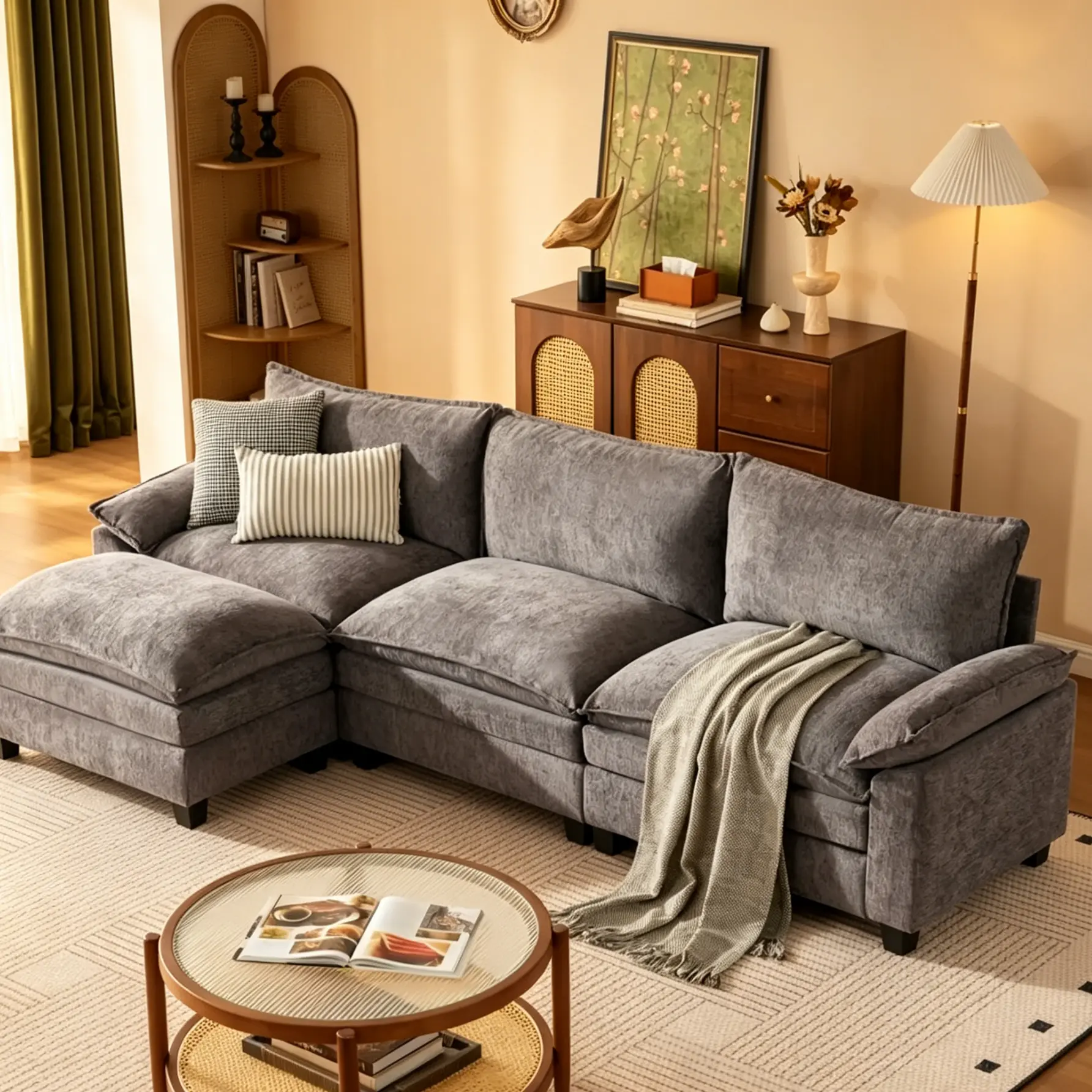 108" U- OFFICIAL Shaped Modern Sofa Modular Sectional Cloud Couch with 2 Ottoman, Comfy Chenille Deep Seat Sofa Bed with 5 Pillows for Living Room, Bedroom and Apartment, 5-Seater