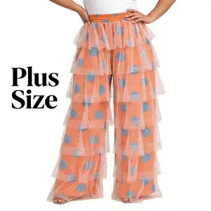 Women's Plus Size Baggy Pants High Waist Dot Print Tiered Mesh Patchwork Wide Leg Trousers