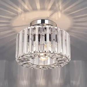 1pc Chrome Silver Crystal Ceiling Light, 2-Tier K9 Crystal Semi-Flush Mount Ceiling Light, Starburst Light Effect, for Hallway Foyer Bedroom Bathroom Closet Kitchen, E27 Base, Bulbs Not Included