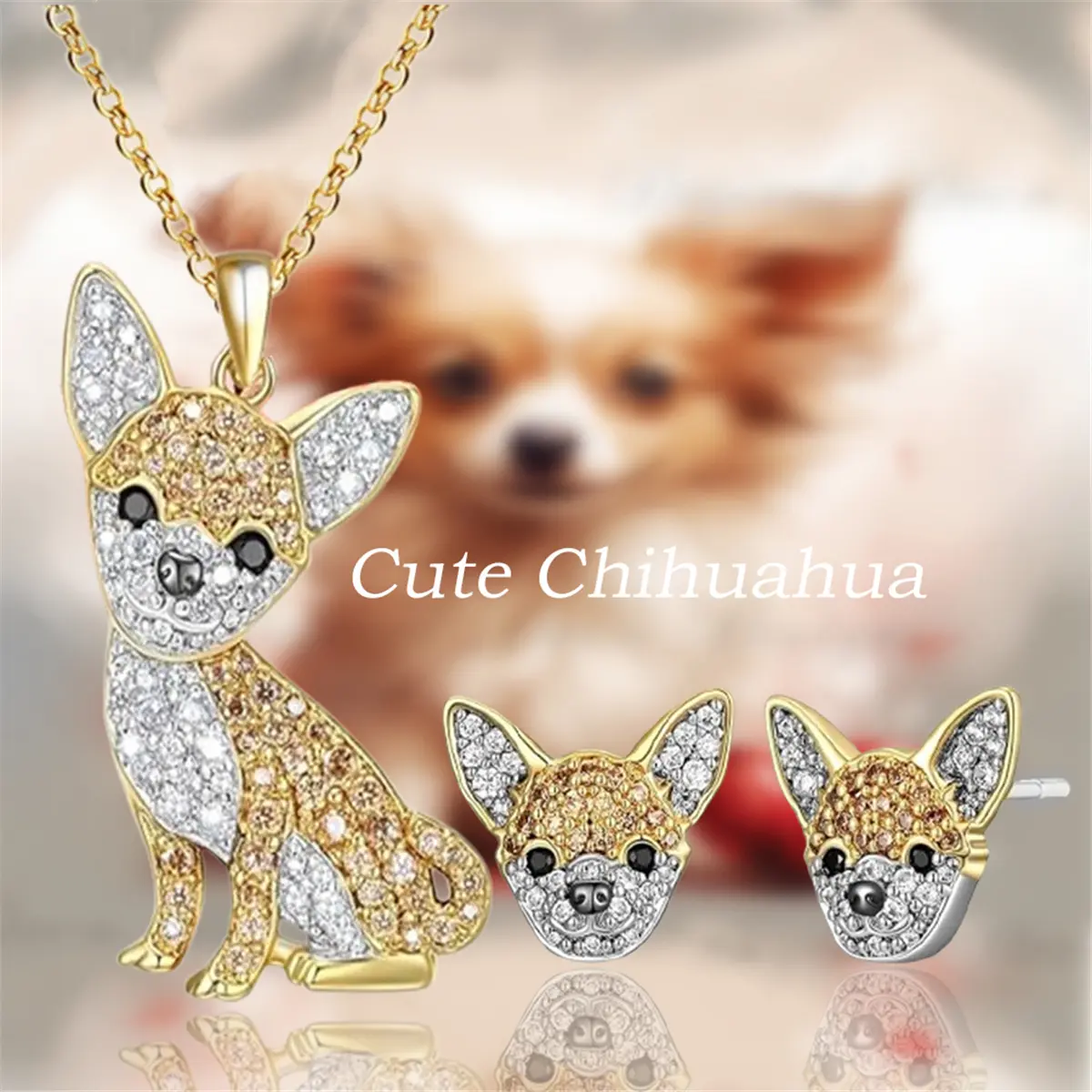Women's 2Pc Rhinestone Embellished Chihuahua Pendant Necklace & Earring Set - Cute Animal Earrings, Stainless Steel Chains, Furry Animal Jewelry Gift for Christmas, Anniversary, Birthday, Cadmium, Everyday