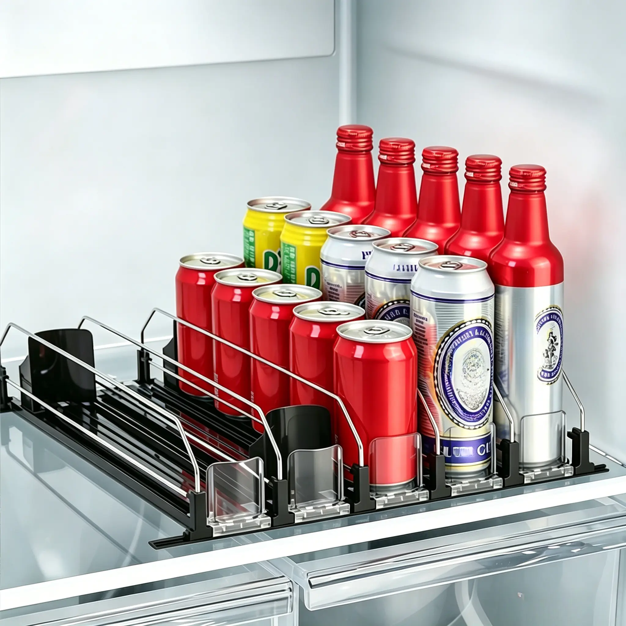 Refrigerator Self-Pushing Beverage Dispenser, Adjustable Fridge Drink Organizer, Automatic Slide Soda Can Organizer, Holds 10-30 Cans, 2/3/5/6 Rows, Fridge Storage for Convenience Store, Kitchen & Pantry
