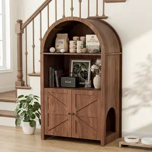 Oakault Cat Litter Box Enclosure Furniture with Doors and 2 Open Cubby Large Hidden Litter Box Cabinet Modern Wood Cat Washroom Pet House for Living Room,Bedroom,Entryway,Hallway, Walnut.