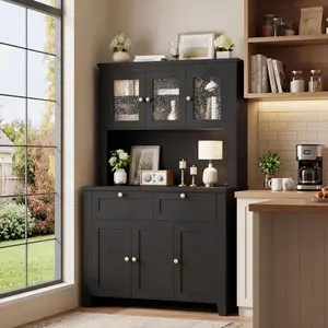 66" Tall Pantry Cabinet with LED Lights & Charging Station, Kitchen Pantry Storage Cabinet Kitchen Hutch Coffee Bar with Adjustable Shelves for Dining Room, Living Room