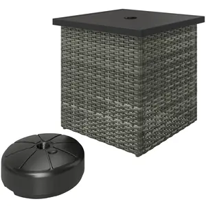 Outsunny All Weather Wicker Side Table with 1.5" Umbrella Hole, Square PE Rattan Outdoor End Table with Umbrella Base, UV-Resistant Frame, Storage Space for Patio, Garden, Poolside, Deck, Mixed-Gray