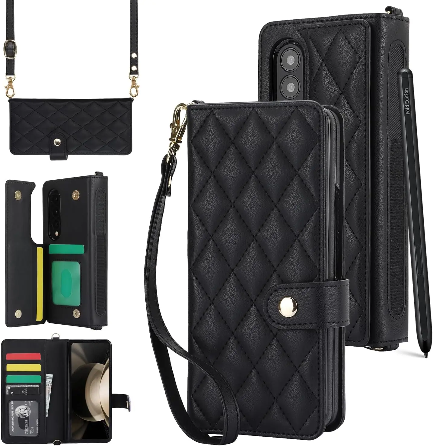 Phone CaseWallet Case for Samsung Galaxy Z Fold 4, Z Fold 4 Wallet Case with S Pen Slot Card Holder Kickstand Leather Flip Z Fold 4 Case Women Men Handbag Strap Magnetic Closure Shockproof Cover, Black
